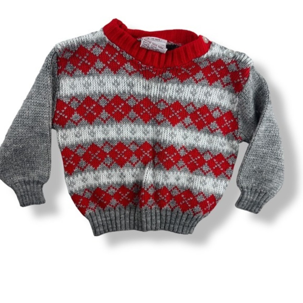 Vintage‎ Montgomery Ward Baby Sweater Size 12–18 Months Red Gray Argyle Acrylic